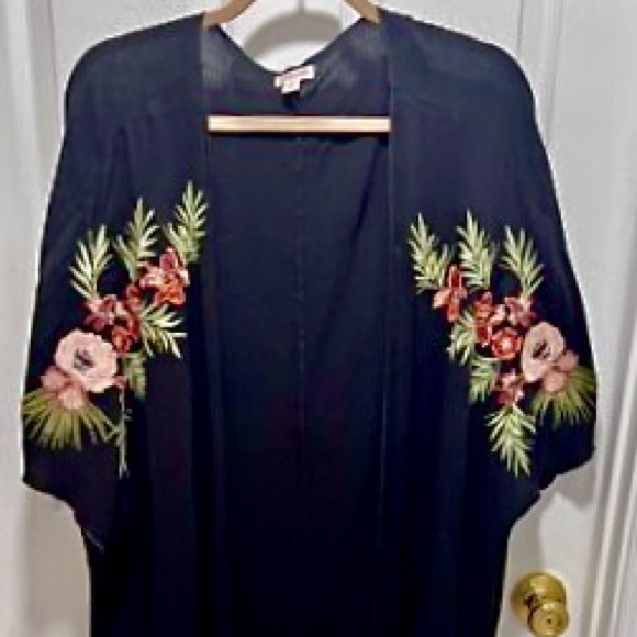 Xhilaration Tops - Xhilaration Black Kimono with Embroidered Floral Design
